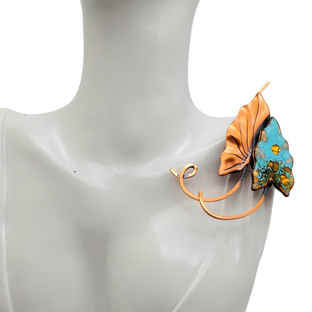 Matisse Renoir Hawaii Brooch Copper Turquoise Gold Enamel Modernist Leaf MCM Pin